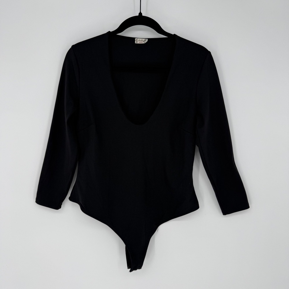 INTIMATELY FREE PEOPLE LOW SCOOP NECK THONG BODYSUIT BLACK LARGE